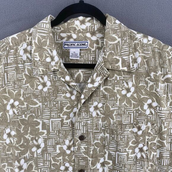 Vintage Pacific Scene Neutral Tan Floral Hawaiian Button Down Shirt Mens XL - Picture 5 of 13